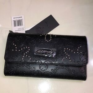 Ed Hardy Black Flap Clutch Wallet Embossed Skull & EH Logo Stud Accents NWT
